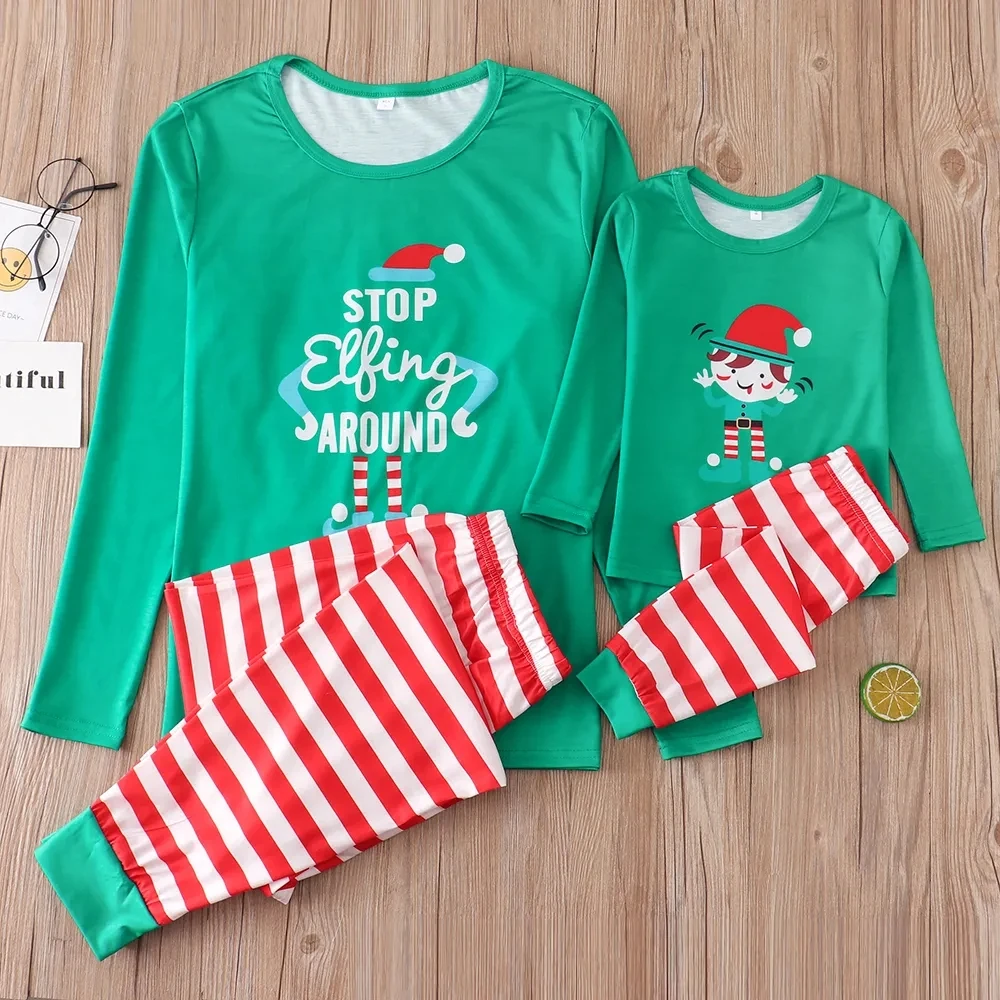 Family Christmas Pajamas Set Clothes 2024 Xmas Print Family Matching Letter Striped Home Suit Adult Kid Soft Pyjamas Baby Romper