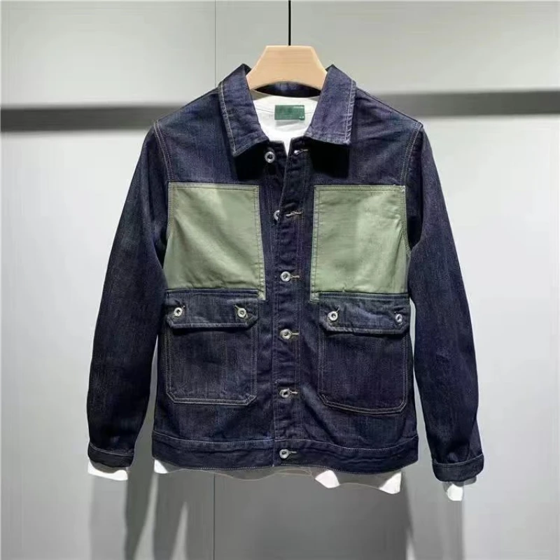 Men\'s Denim Jacket Spliced Button Male Jean Coats Aesthetic Cargo Washed Loose New in Vintage Large Size Korea Winter Outerwear