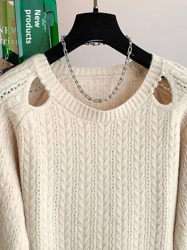 Damen-Pullover, locker gestrickt, ausgehöhlt, mit Perlen verziert, weich, gemütlich, Lazy Sle, Innenbekleidung, Herbst und Winter