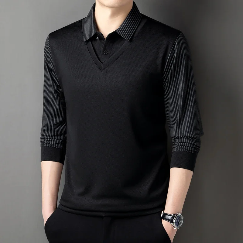 Autumn and Winter Long Sleeved T-shirt Men's Fashion Fake Two-piece Base Shirt Loose Casual Collar Top Solid Color Warm Top