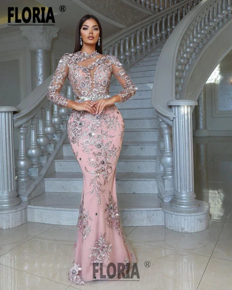 Prachtige Dubai Mermaid Avondjurken Bloemen Kant Applicaties Wedding Partij Jassen Arabië Formele Gelegenheid Jurk Robe De Soiree