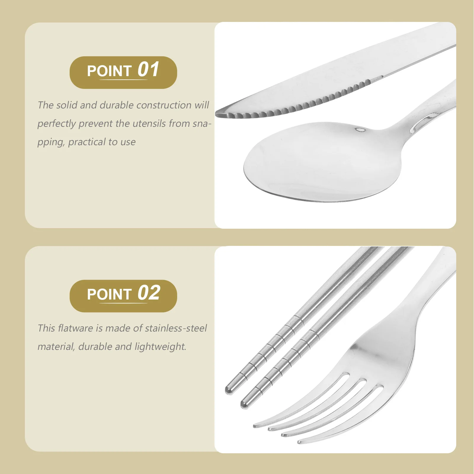 

1Set Stainless Steel Knife Fork Spoon Chopstick Cutlery Kit Household Kitchen Flatware Smooth Surface Durable Ideal for Camping