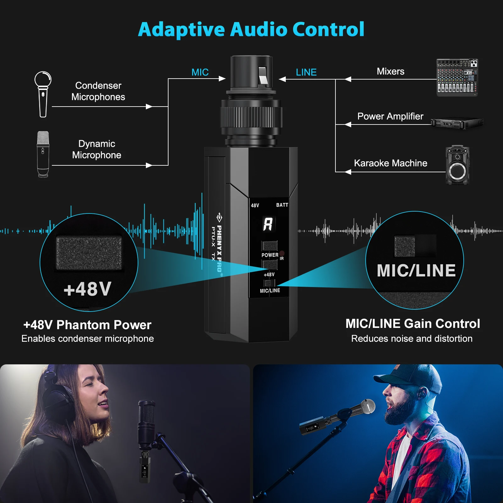 Phenyx Pro PTU-X Plug-on XLR Wireless Transmitter Receiver System, Wired-to-Wireless XLR Microphone Adapter, 16 UHF Frequencies
