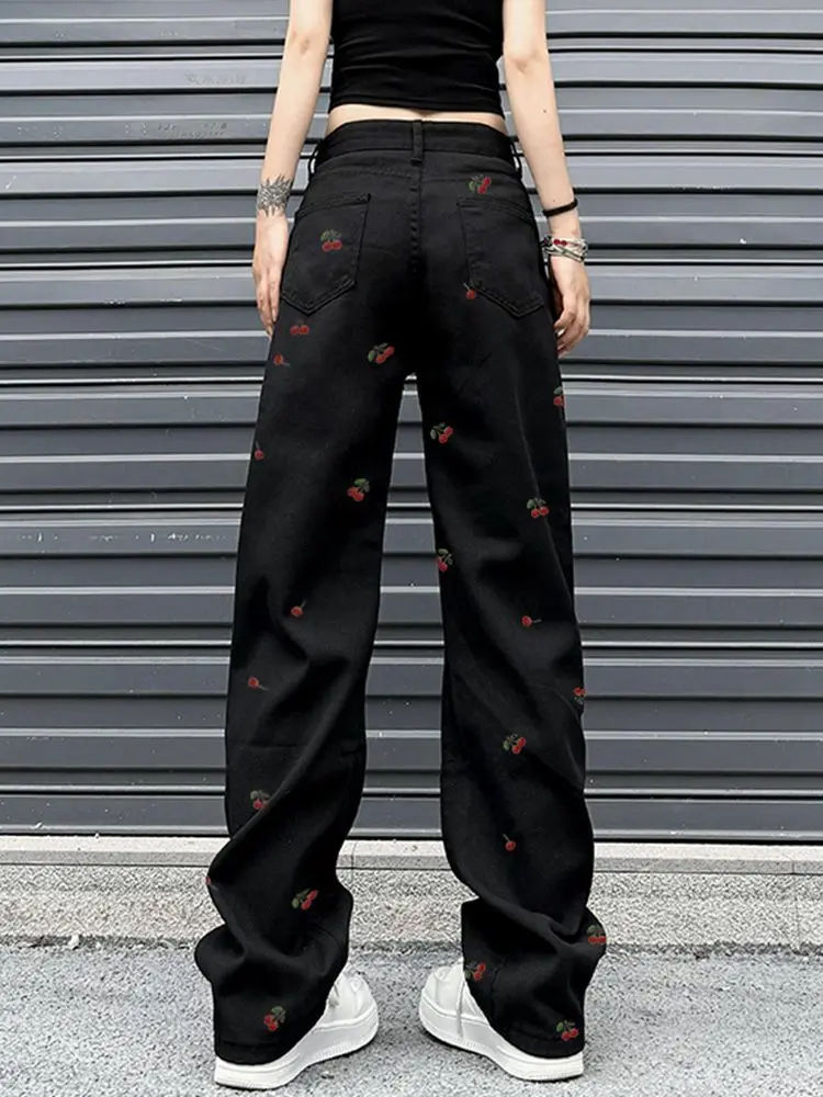 Trend Cherry Black Wide Leg Jeans Women High Waisted 2000s Aesthetic Fashion Streetwear Trousers Y 2k Girls Baggy Denim Pants