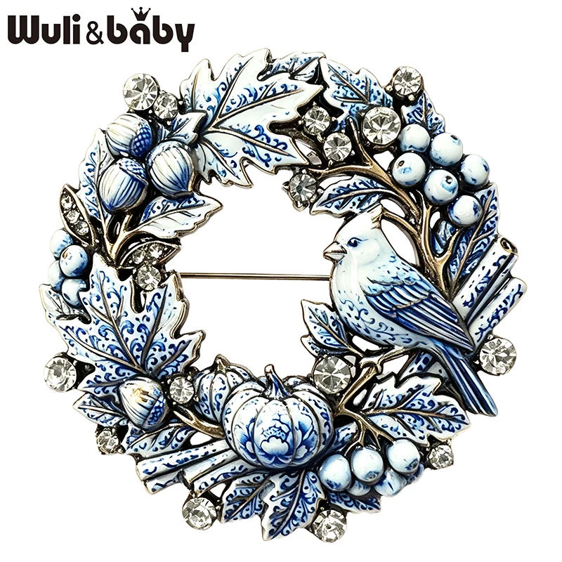Wuli&baby Weihnachts-Vogelkranz-Broschen für Frauen Vintage 3-farbige Kürbis-Pflanzen-Kreis-Blumen-Broschen Neujahrsgeschenke – Detail 1