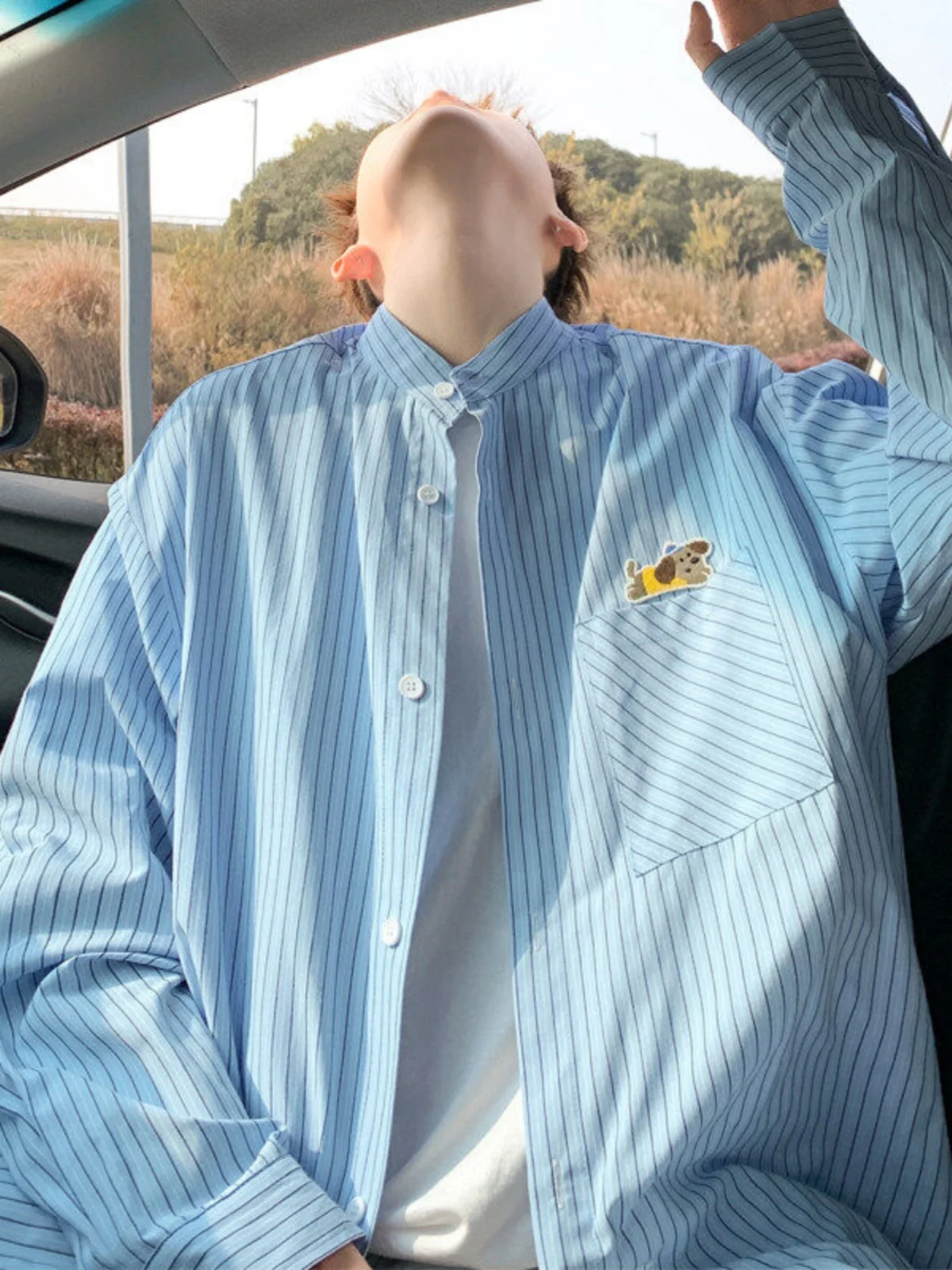 

Мужская свободная рубашка с длинным рукавом, вышивкой собаки и полосками, весна 2025, повседневная, в стиле High Street, из смесового полиэстера