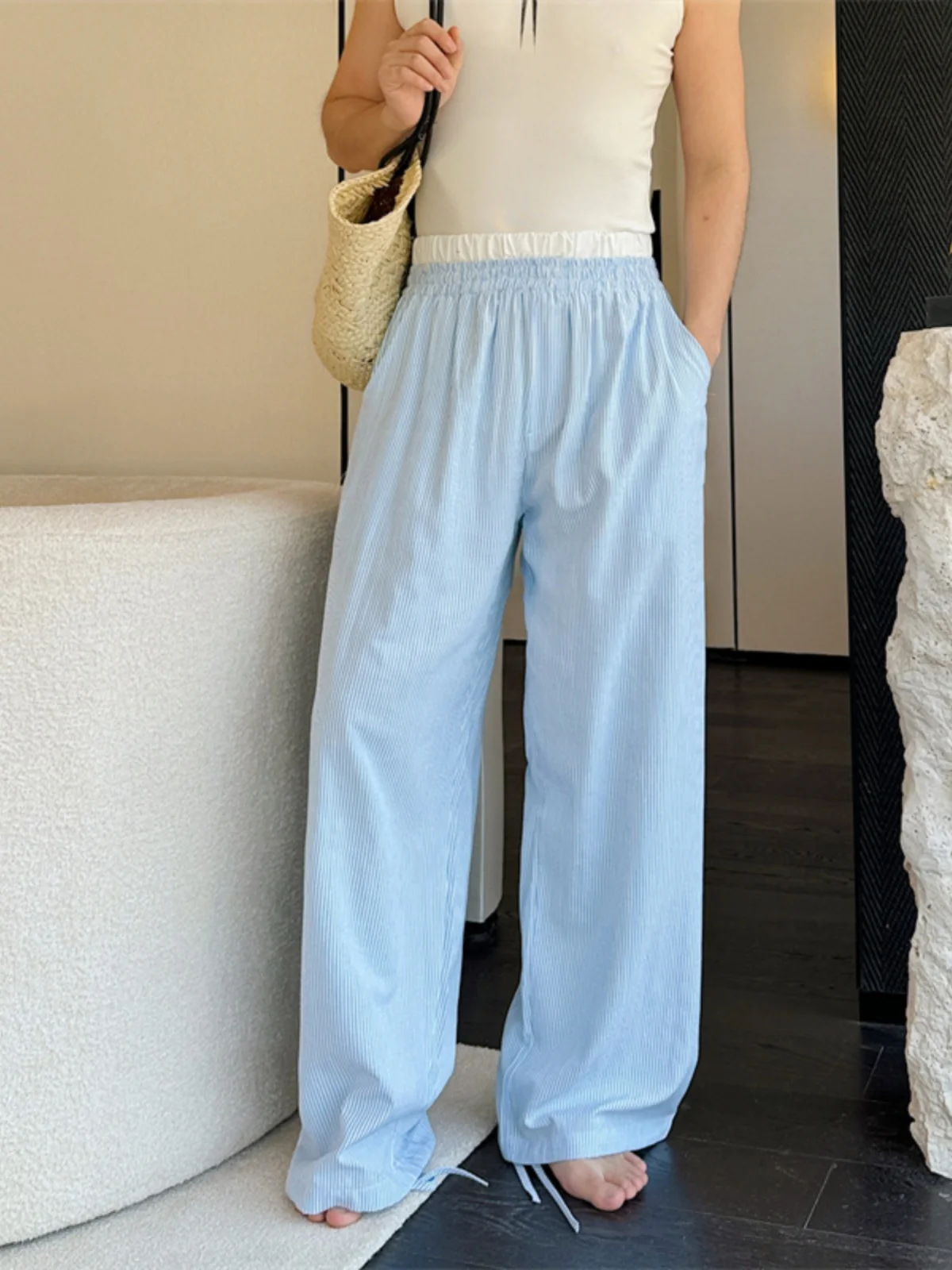 

High Waist Straight Leg Blue Striped Men's Casual Pants Korean Sle Summer Leisure Long Trousers Double Waist Loose Fit