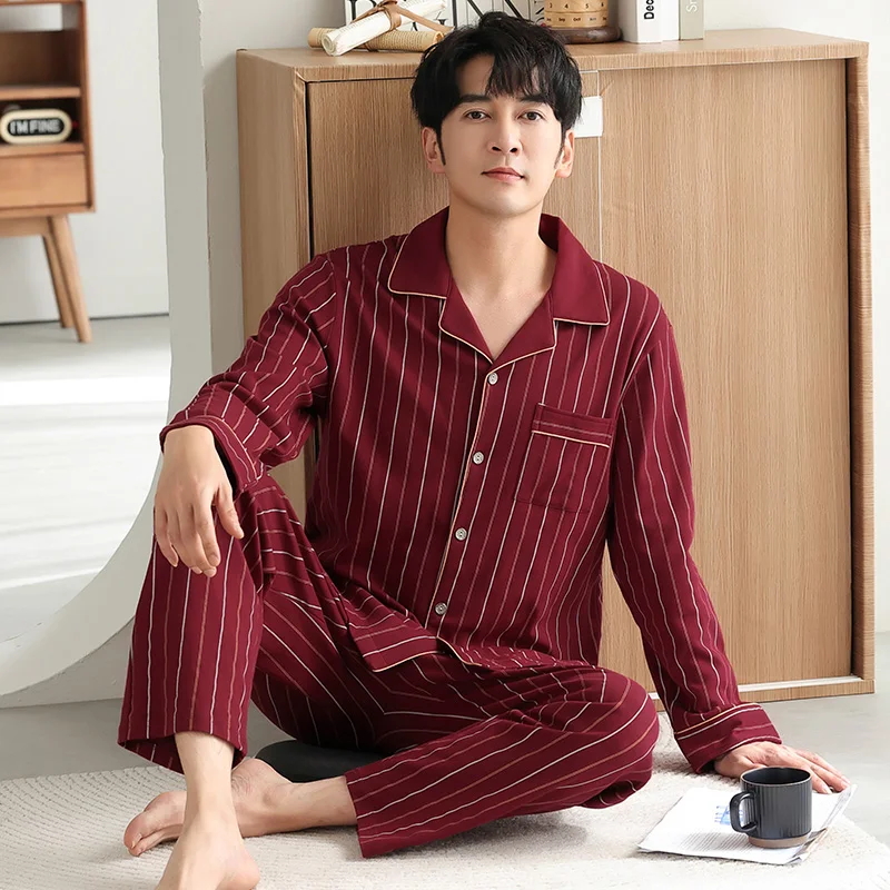 Newest Big Size M-4XL Men Pajamas Set 100%Cotton Long Sleeve Sleepwear Men Pajama Suit Nightwear Pijama