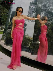 Weird Puss Cross Bandage Women Maxi Dress Hollow Mesh See Through High Waist Bodycon Sexy Midnight Clubwear Vacation Long Robe