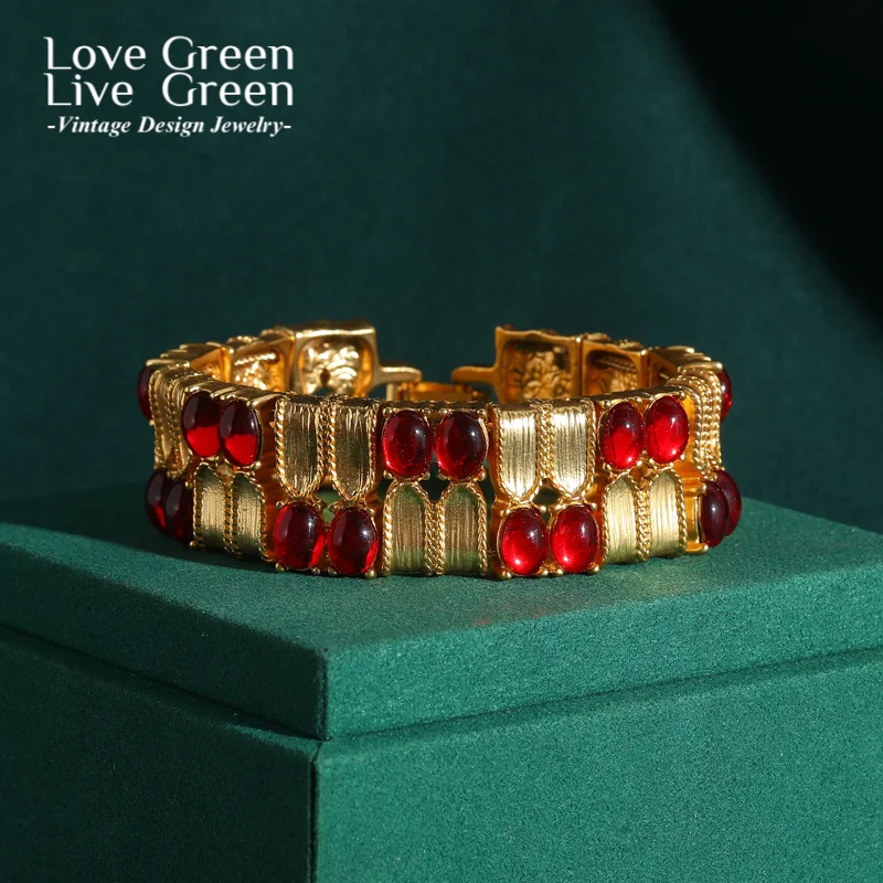 

Vintage Red Glass Bangle Bracelet Natural Stones Raw Antique Gold Color Accessories Luxury Designers Ethiopian Jewelry 2025 New