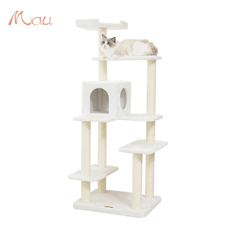 Easy-to-climb Cushioned Bed Natural Soft White Tower Cat Tree White With House Luxury Cat Tree