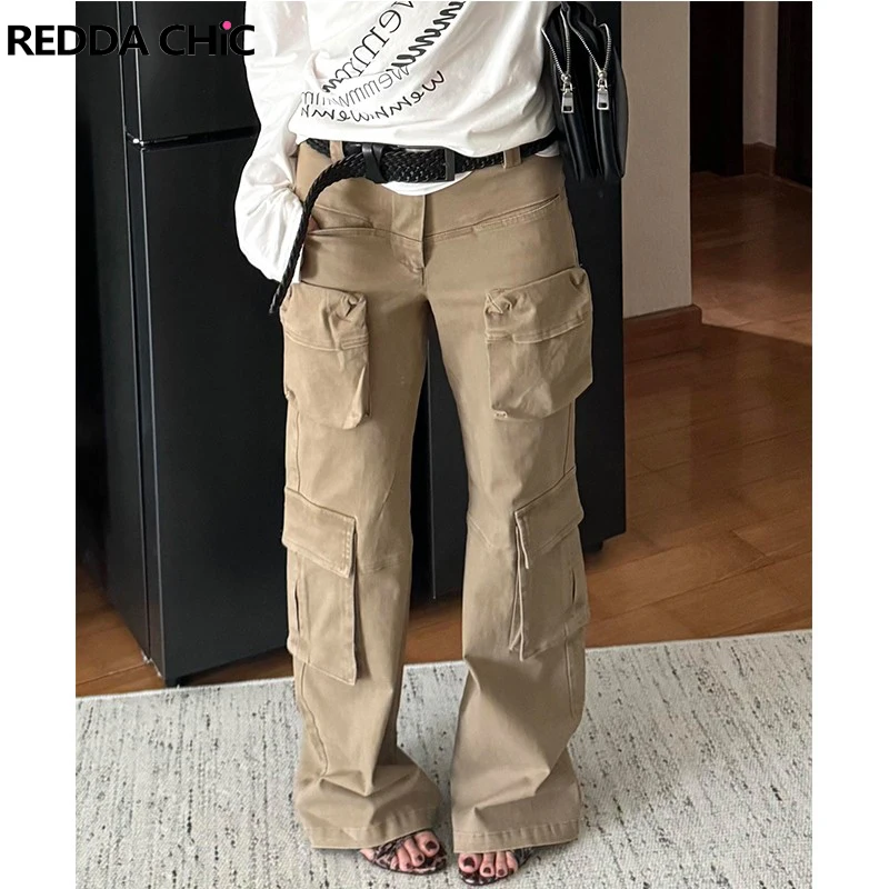 

ReddaChic, популярная одежда для девочек, расклешенные джинсы с карманами для женщин, осень 202, свободные прямые брюки цвета хаки, длинные брюки-карго, одежда