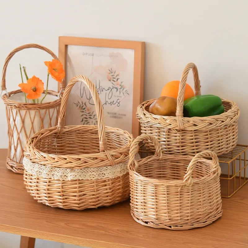 

Rural Rattan Hand-held Flower Basket Willow Woven Fruit Basket Picnic Storage Weaving