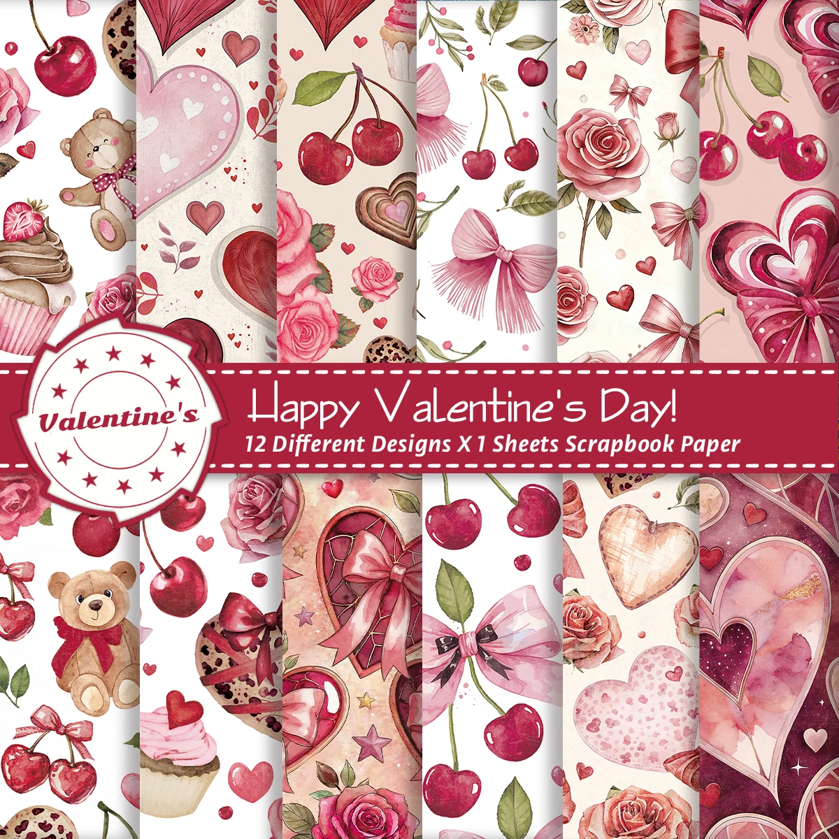 12 Stück rosa Kirsche und herzförmiges dekoratives Papier, zum Basteln, Sammelalbum, DIY-Valentinstag-Geschenkpapier, Hintergrundpapier für Hochzeiten
