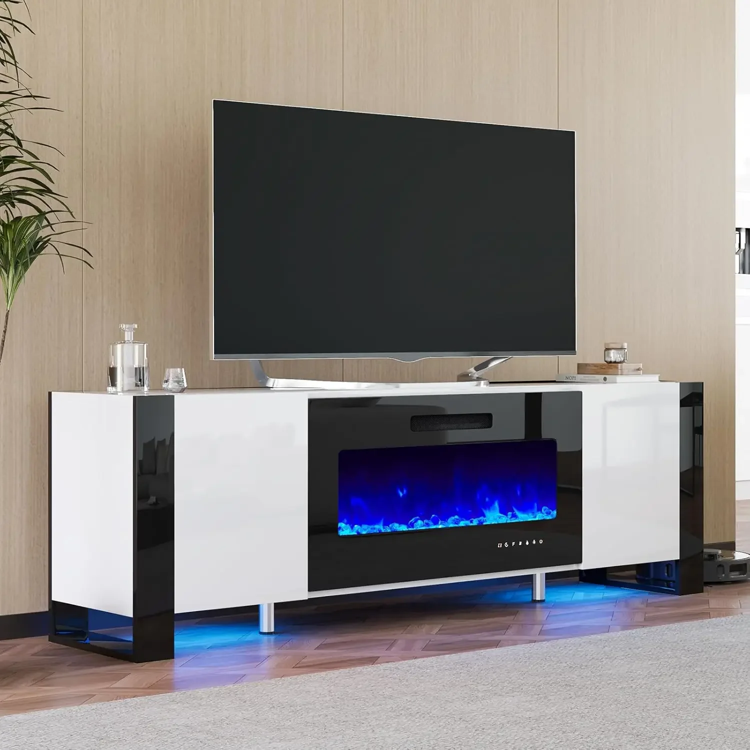 

AMERLIFE Fireplace TV Stand with 36" Fireplace, 70" Modern High Gloss Entertainment Center LED Lights, U-Shaped Legs TV Console