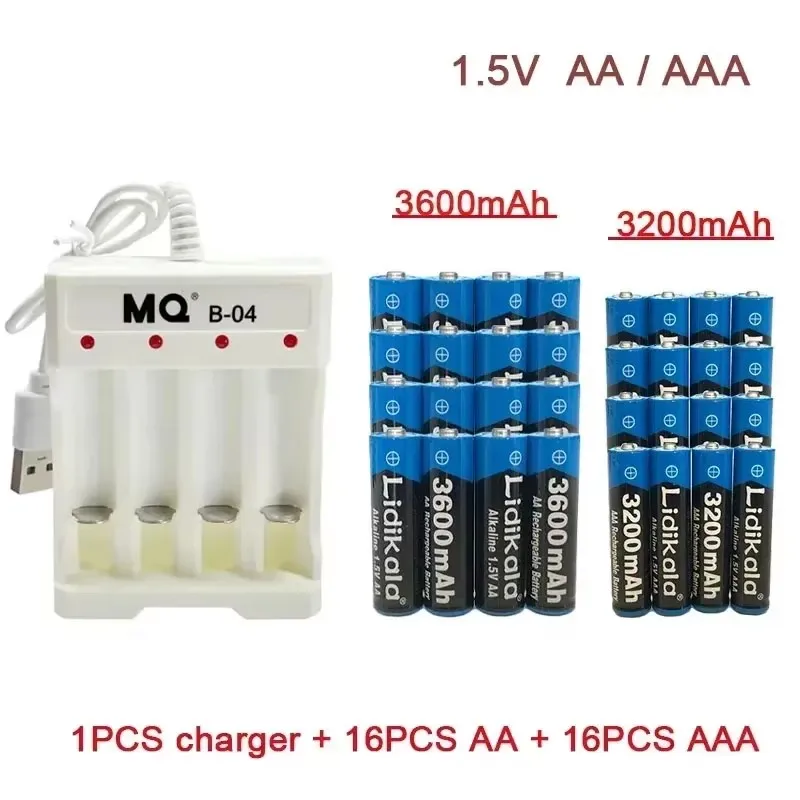 AA 1,5 V AA3600 mAh/AAA 3200 mAh + USB-Ladegerät, alkalischer Akku mit Ladegerät, für Computeruhren, Radios, Videospiele