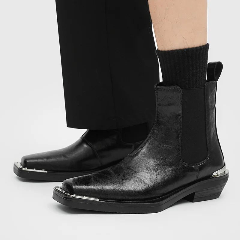 

2026 new iron Genuine Leather high-heeled punk square casual men's Chelsea boots