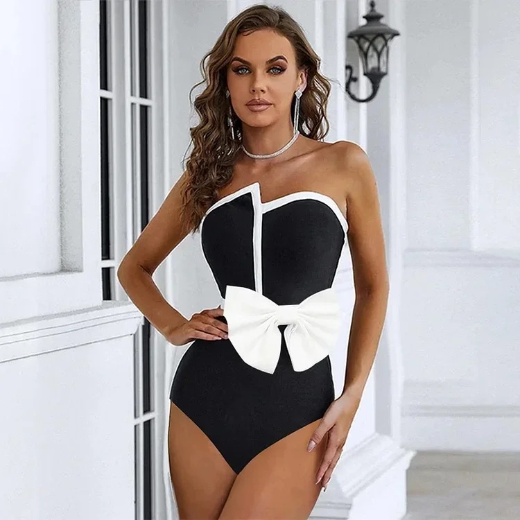 2024 Women Swimsuit  Black Off Shoulder Bow Tie  and Skirt Swimwear Set  Vacation Beachwear Luxury Bathing Suit One Piec