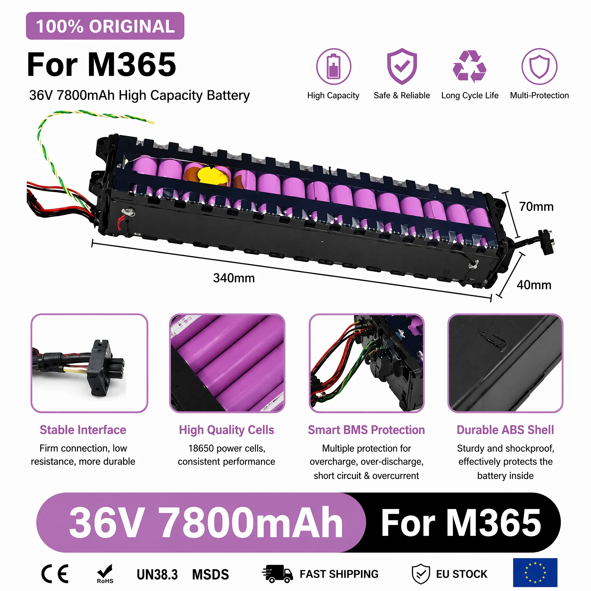 Batería 36V 7.8Ah Iones Litio Para Xiaomi M365 Pro 1S – Con BMS Y Comunicación Bluetooth, Compatible Con Patinete Eléctrico
