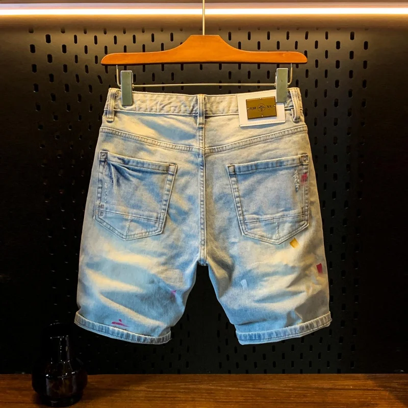 Thin Embroidered Ripped Denim Pants for Men, Casual Daily Knee-Length Trousers for Summer