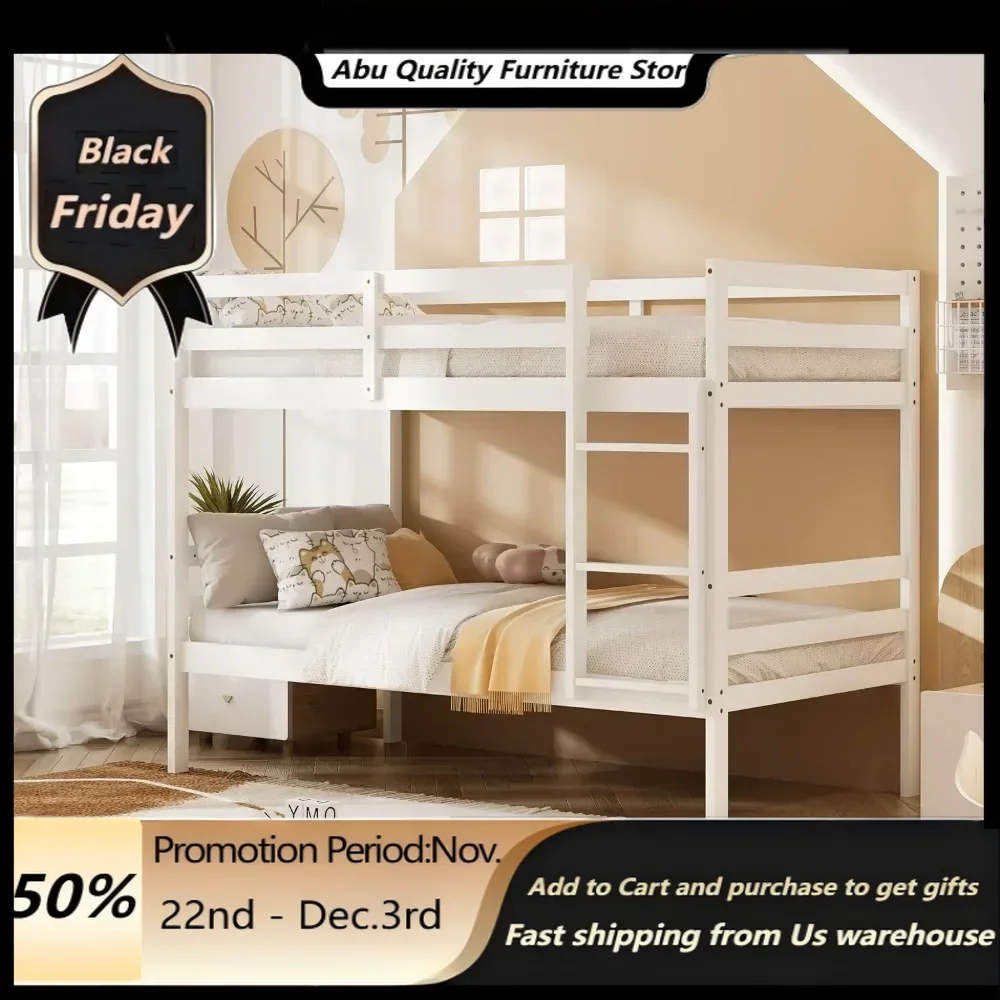 Wood Bunk Bed Twin Over Twin, Bunk Bed with Ladder & Safety Guardrail, Solid Wood Bed Frame,Ideal for Dormitory & Multiple-Child