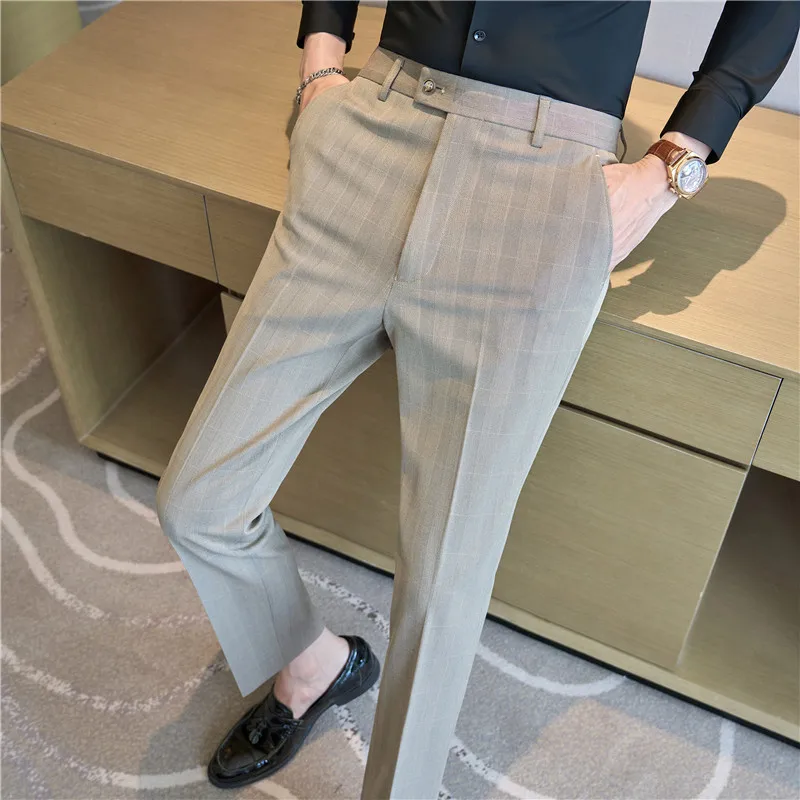 Pantalones de vestir a cuadros caqui de alta gama para hombre, primavera/otoño, de cintura media, corte ajustado, color gris oscuro, estilo casual de negocios.