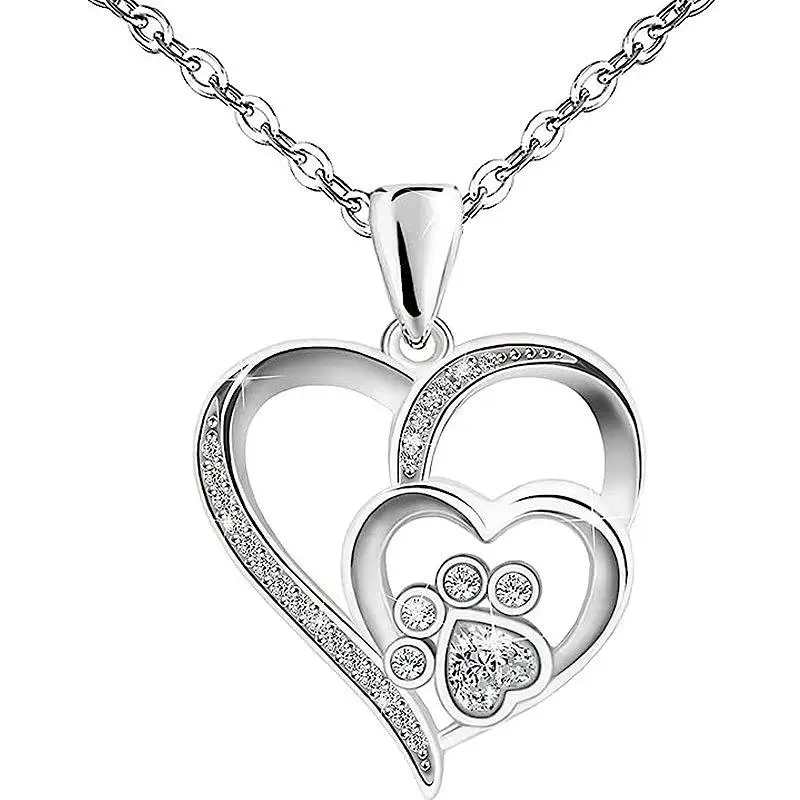 Huitan Süße Pfotenabdruck-förmige Damen-Anhänger-Halskette, doppeltes Herz, elegante Accessoires, eingelegte glänzende CZ für Hochzeit, Alltag, Schmuck