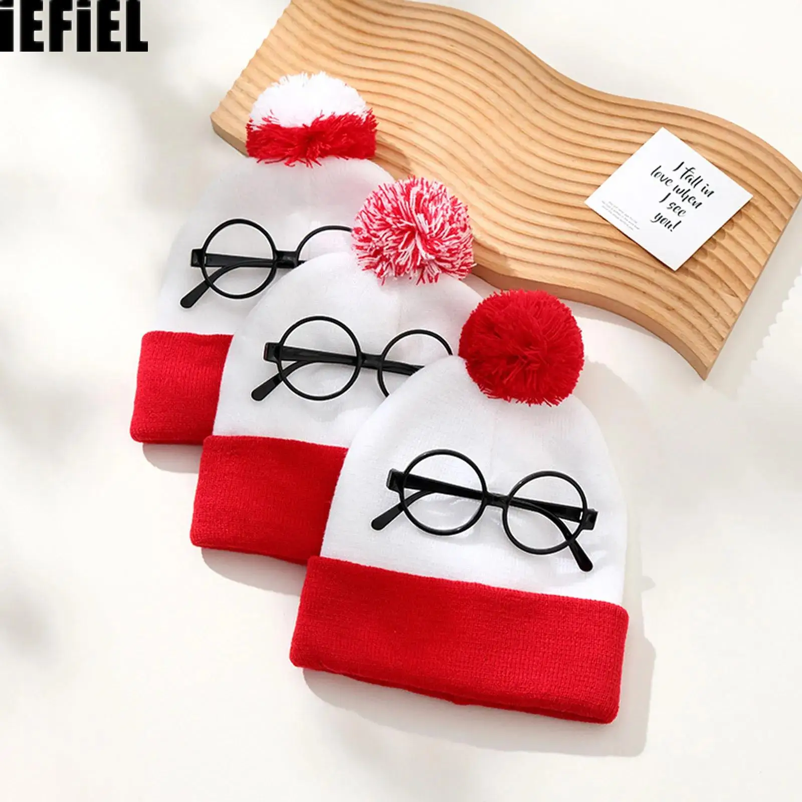 

Women Men Christmas Hat Knitted Plush Ball Hat And Glasses Frame Santa Knitted Beanie Hat for Adults