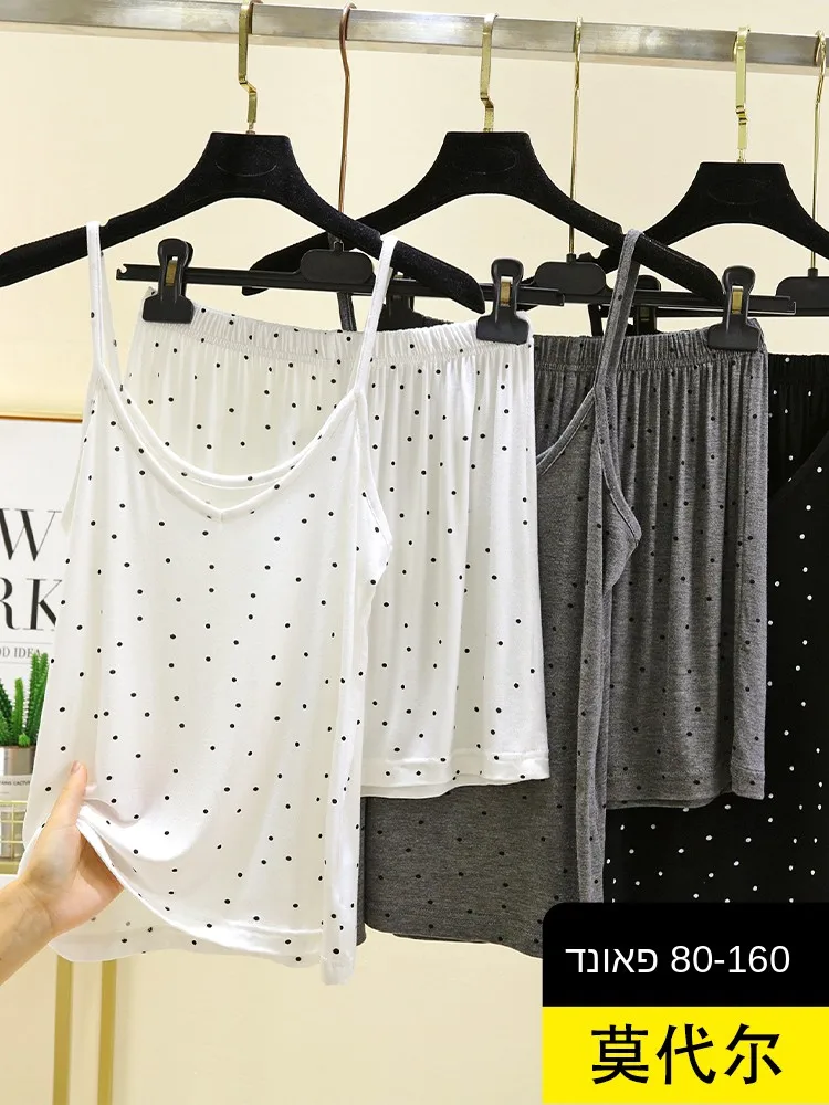 

Modal V-Neck Strap Short Pants Two-Piece Set Women Summer Thin Polka Dot Sleepwear Casual Loose Sleeveless Home Clothes