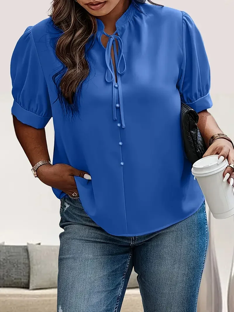 Plus Size 1XL-5XL Women Fashion Solid Buttons Blouse Casual Tie-Neck  Solid color Short Sleeve Blouse Women\'s Plus Size Clothing