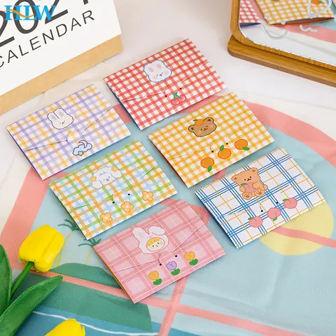 10 pieces/set Cartoon Cute Plaid Bear and Rabbit Envelopes Foldable Message Cards Birthday Greeting Cards Gifts