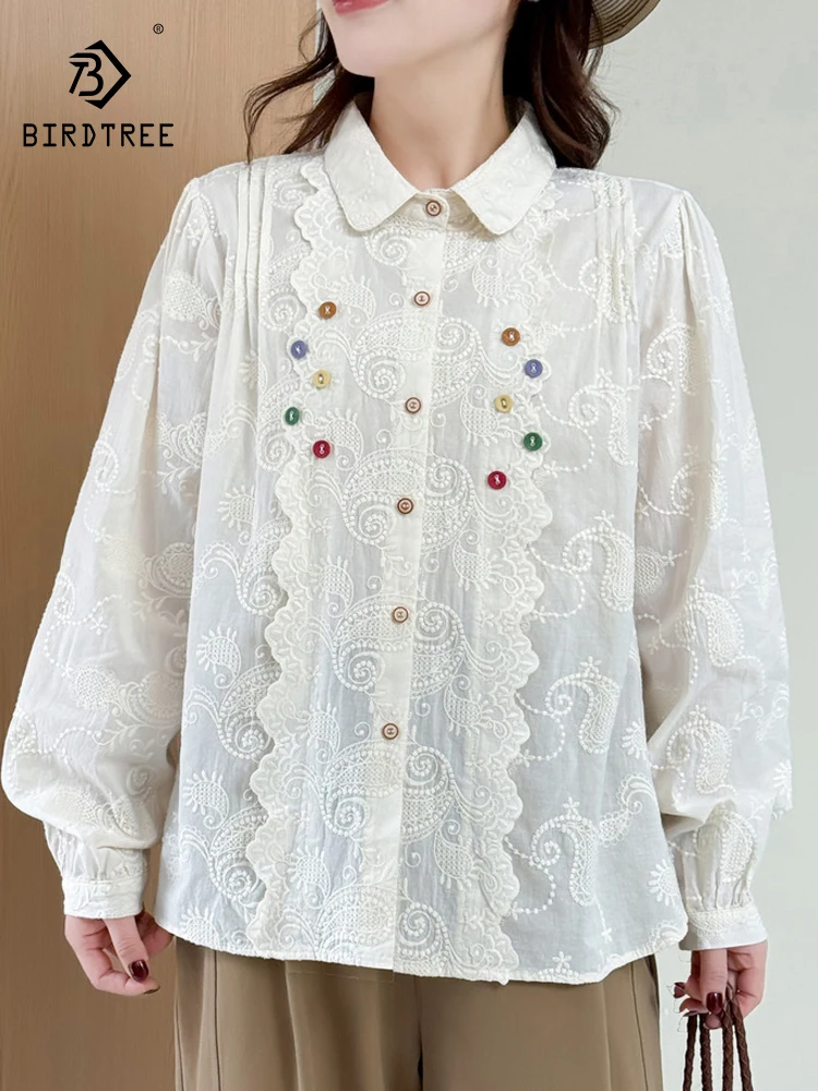 

New 2026 Spring Cotton Long Sleeve Shirt, Women Lapel Embroidery, Mori Girl Preppy Style Colorful Buttons Loose Blouse T61317CC