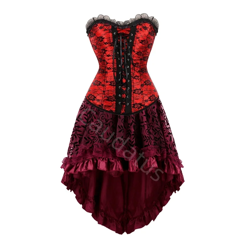 

Красное корсетное платье-костюм с длинной юбкой, комплект с кружевным бюстье, сексуальный элегантный наряд для вечеринок, женский костюм больших размеров, готический стиль, на Хэллоуин