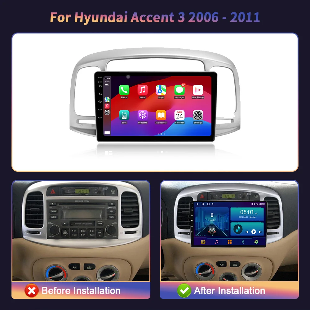 Android 14 For Hyundai Accent 3 2006-2011 GPS Wireless Carplay Stereo Car Radio Central Multimedia Navigation Screen 2DIN 4G