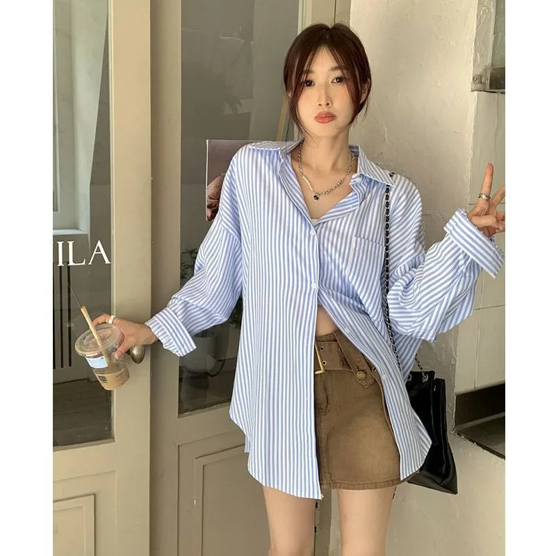 قمصان نسائية كورية Y2K ملابس الشارع الشهير قمصان نسائية مخططة بأزرار موضة كل مباراة سترة نسائية علوية لخريف 2025 قمصان جديدة بسيطة