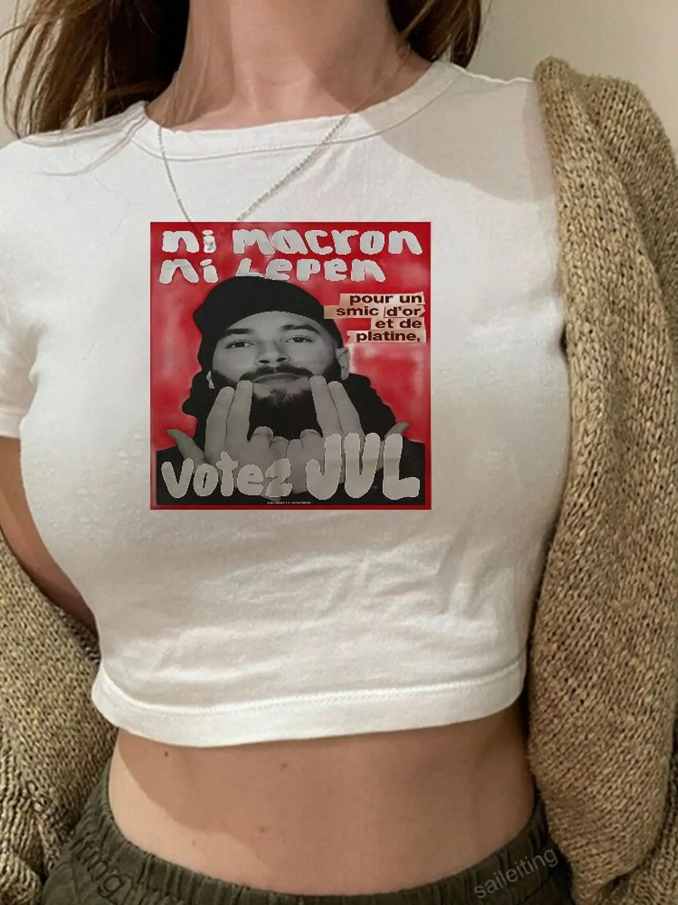Women's White Cropped T-Shirt with French Political Satire Print 
