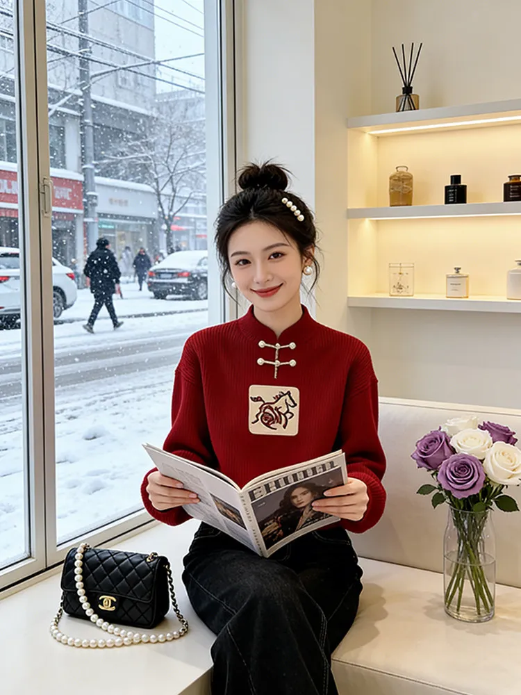 

Unique Red Knitted Sweater Women's Faionable Inner Wear Beautiful Casual Loose Fit Winter New Sle Knitwear by Xiangdouer