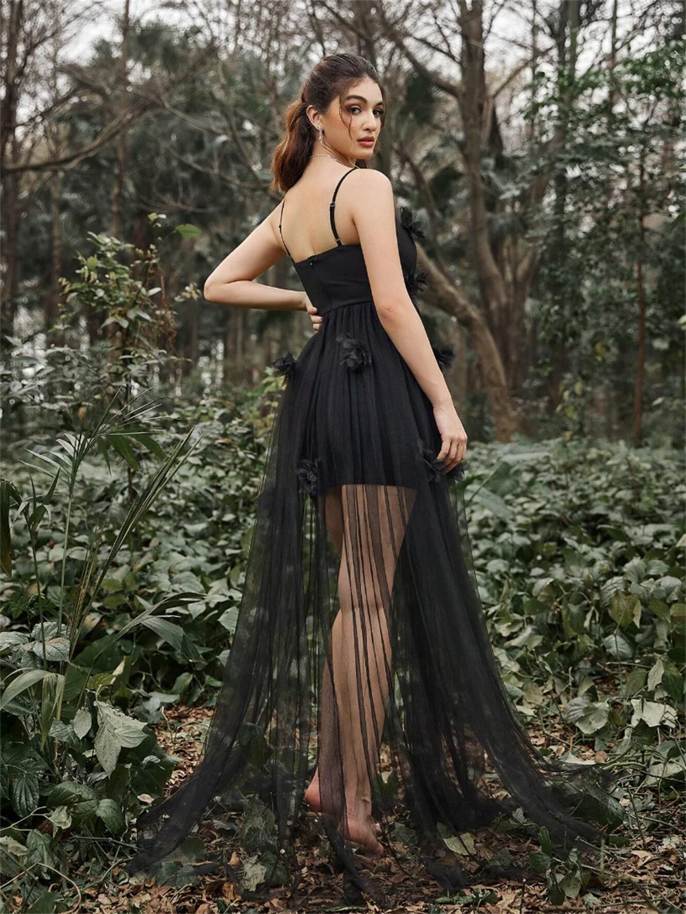 Jessica Black Spaghetti Straps Prom Dresses 3D Appliqué Transparent Tulle Evening Dresses Wedding Party Dress فساتين سهرة