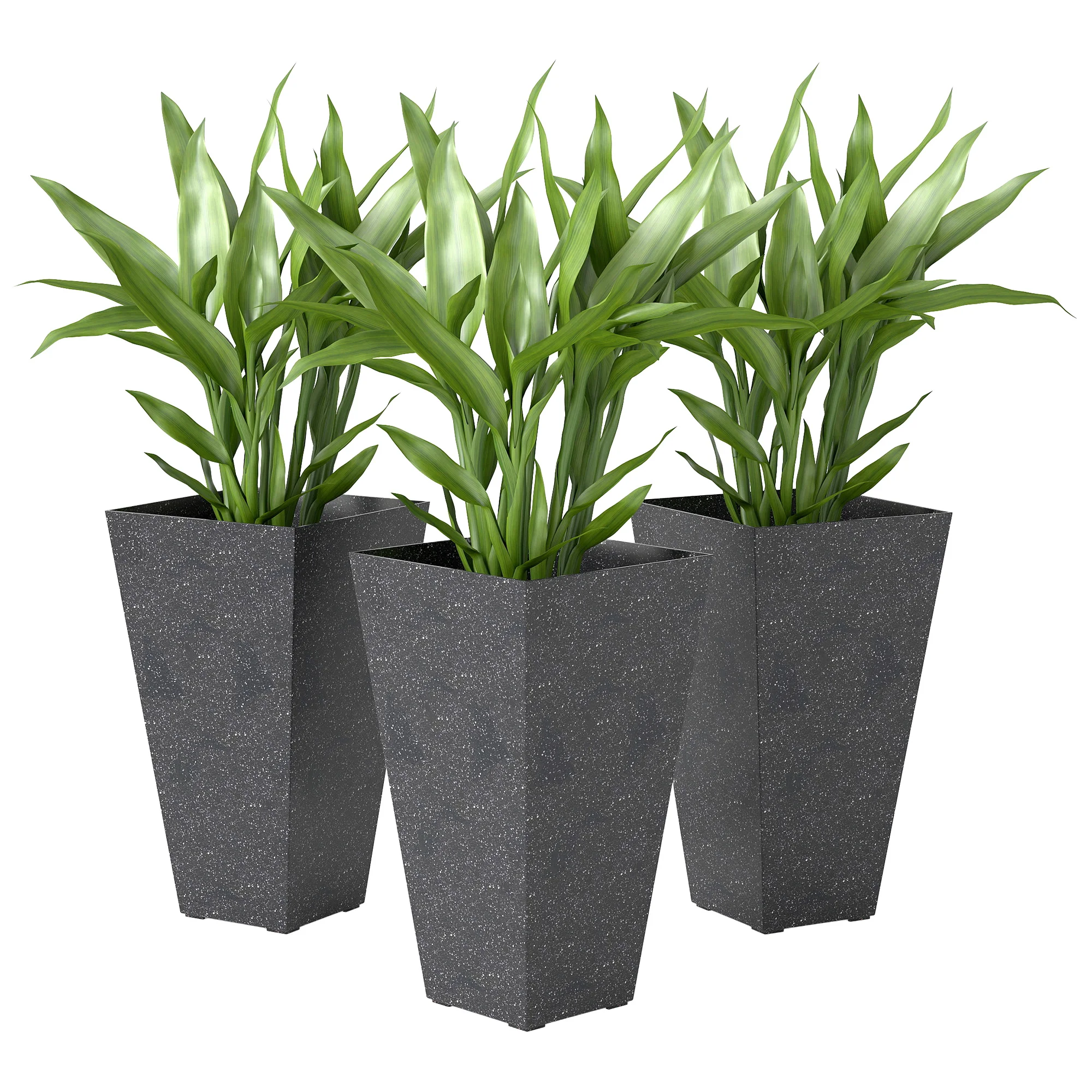 

28" Tall Planters, Set of 3 Plastic Flower Pots with Marble Finish and Drainage Holes, Stackable Taper Planters, Black