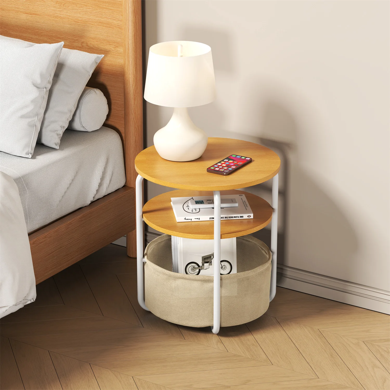 Contemporary Round Accent Table with Fabric Basket, Compact Sofa Side Table for Small Spaces Living Room Home Decor