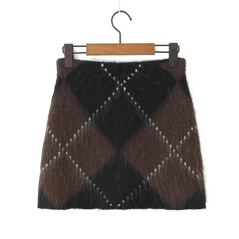 YENKYE Argyle Pattern Knit Mini Skirt For Women Vintage High Waist Autumn Winter Skirts Sexy