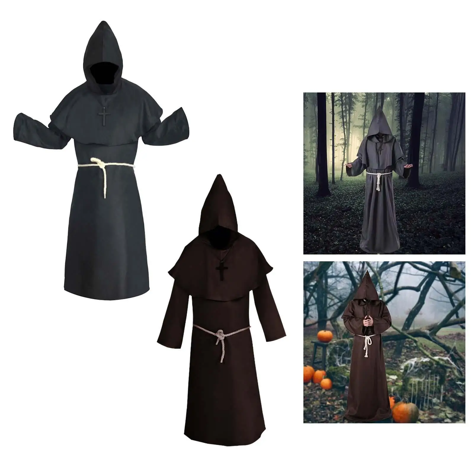 Friar Medieval Robe Wizard Uniform Medieval Monk Robe Friar Cloak Priest Robe for Punk Party Stage Performance Easter Men