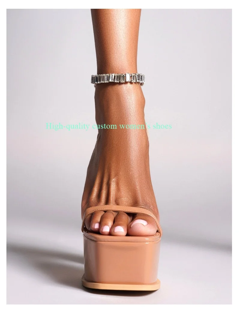 

Claret Square Toe Ultra-High Platform Decorative Chunky Heels Sandals Runway Piece ankle Metal Chain Clasp Luxury High Heels
