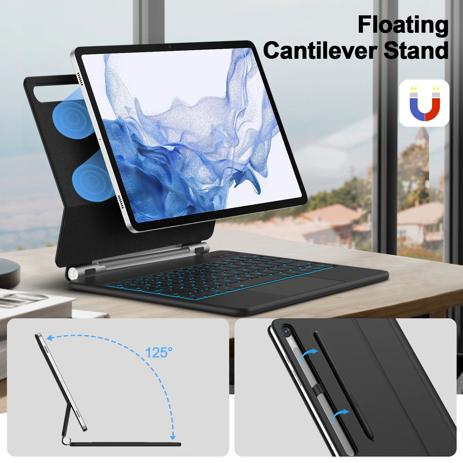 Magic Keyboard for Samsung Tab S10+/S9+/S9/S9 FE/S8/S7 Floating Cantilever Magnetic Stand Multi-Touch Trackpad with S Pen Holder