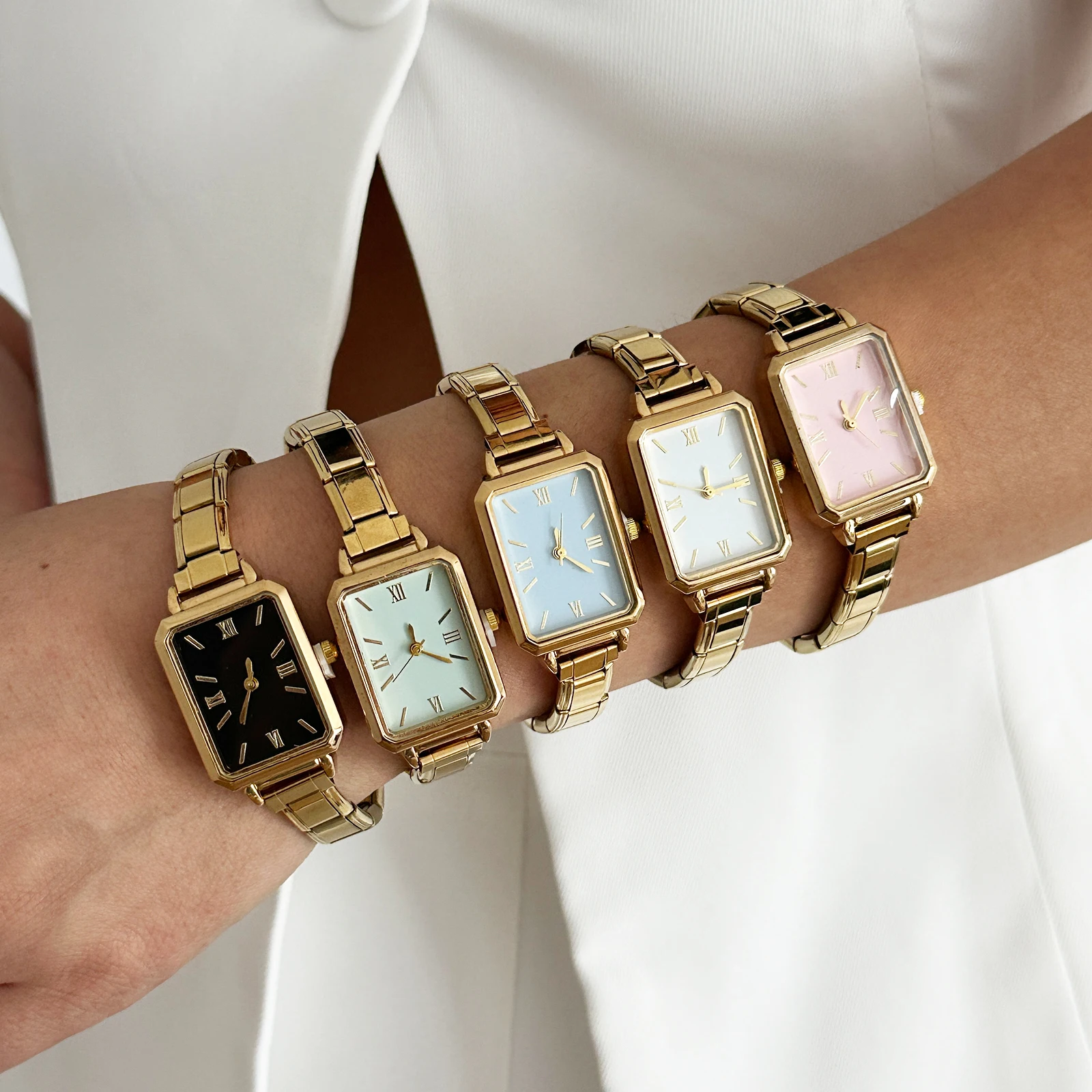 Fashion High Quality Men Women's Stainless Steel Square Round Shiny Zircon Watch Bracelet For Friend Birthday DIY Jewelry Gift