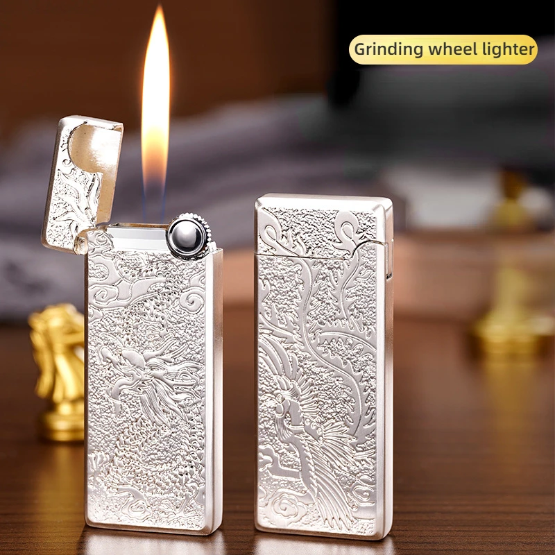 

Ultra-thin Grinding Wheel Open Flame Lighter, Creative Double-sided Embossed Exquisite Pattern, High-end Business Gift Lighter