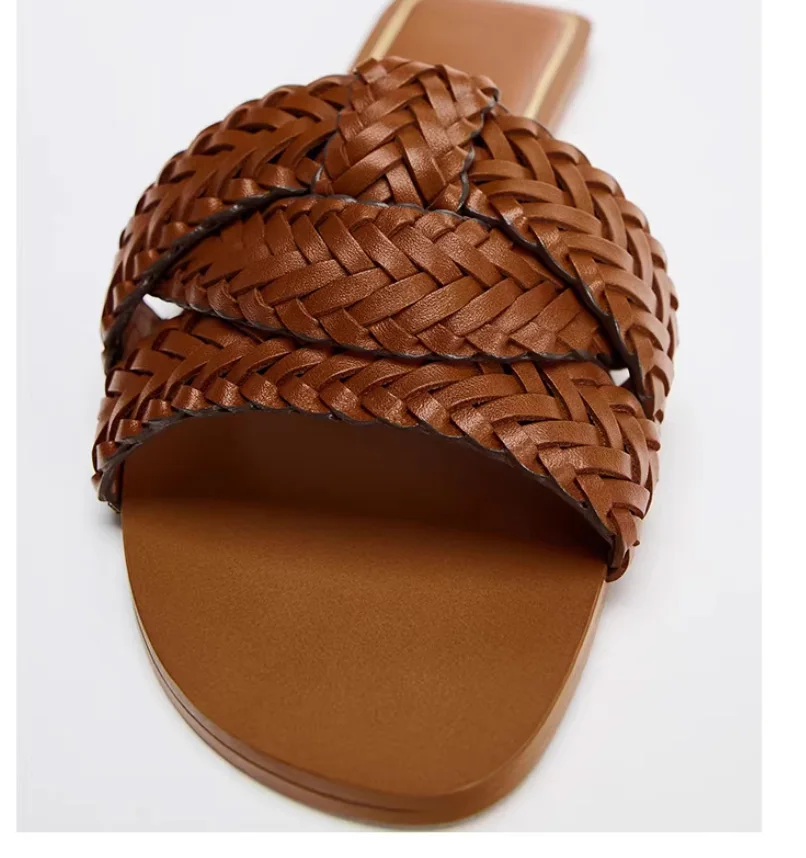2026 Summer Slippers Weave Knit Crochet Women Sandals Slides Mules Flats Flat Heel Casual Beach Shoes Bohemia Boho Streetwear