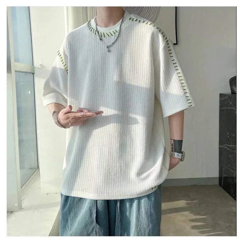 2026 Summer New Knitted Short Sleeved Loose T-shirt for Men Korean Fashion Harajuku Street Casual T-shirt Tops Men Clothing