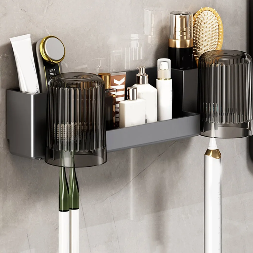 

Plastic Toothbrush Holder Large Capacity Wall Mounted Mouthwash Cup Holder with Cups Space Saving Toilet Storage Rack Bathroom