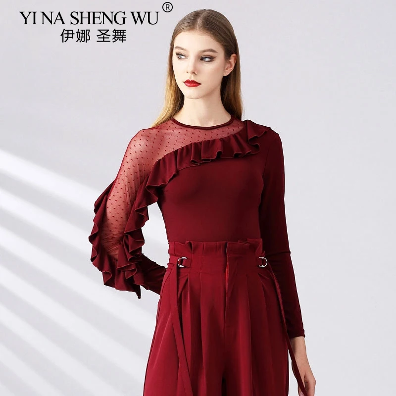 

New Women Dance Top Latin Dance Modern Dancing Costumes Waltz Ballroom Dance Practice Long Sleeve Slanted Shoulder Leakage Top